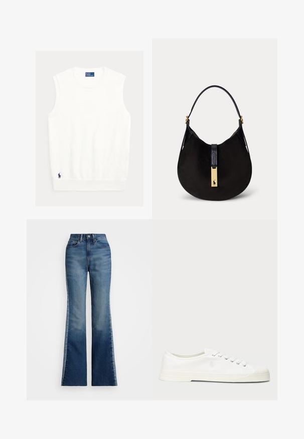 Biely tielkový top z mäkkého materiálu, s rebrovaným výstrihom a lemom. Malé námornícke logo vyšívané v dolnom ľavom rohu.; Polo Ralph Lauren FLARE JEAN - Zvonové džínsy - boyne wash; Biele plátěné tenisky s okrúhlou špičkou, viazaním na šnúrky a diskrétnym logom. Majú štruktúrovanú textíliu a gumovú podrážku.; Čierna semišová polmesiacová kabelka s jedným čiernym remienkom a zlatým zapínaním s logom hráča póla.