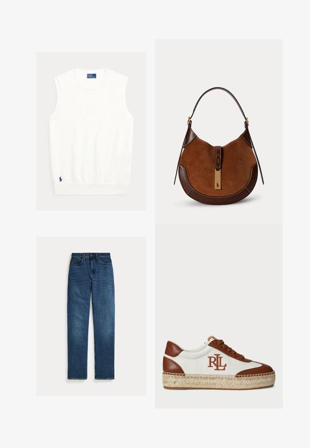 Biely tielkový top z mäkkého materiálu, s rebrovaným výstrihom a lemom. Malé námornícke logo vyšívané v dolnom ľavom rohu.; Modré džínsy z denimu s rovnými nohavicami, piatimi vreckami, zapínaním na gombíky a jemným vyblednutím na stehnách a kolenách, položené na bielom pozadí.; Biele plátenné tenisky s hnedými koženými akcentmi, okrúhly špička, vrúbkovaná jútová podrážka a embosované logo na boku. Šnurovacie uzatvorenie.; Hnedá semišová a kožená kabelka v tvare polmesiaca s jedným popruhom a zlatou sponou s malým logom koňa a jazdca.