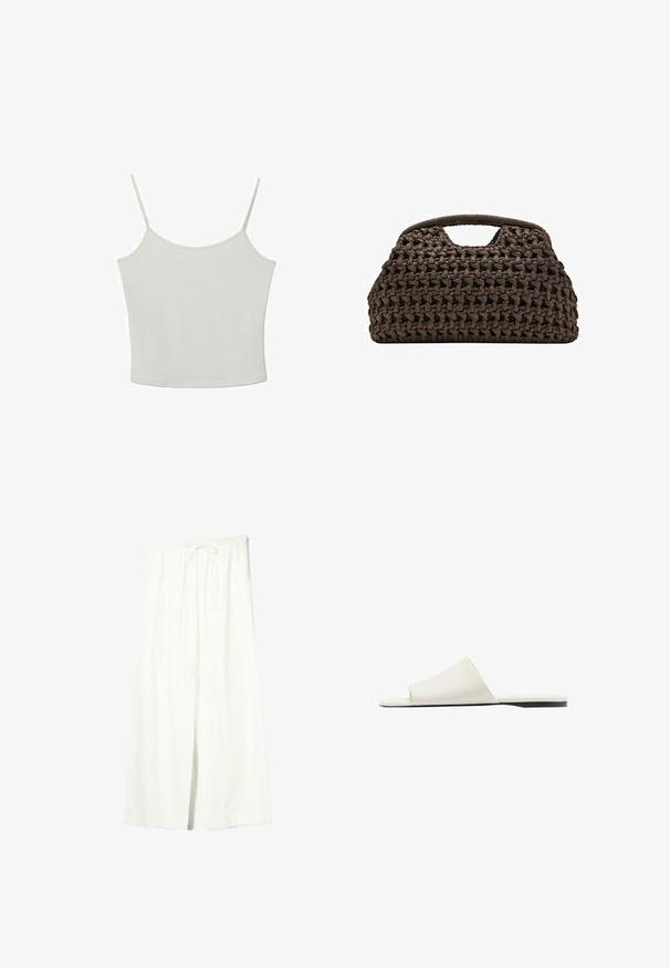 Stradivarius TOP - Débardeur - beige; Pantalon en lin blanc à jambes larges avec taille élastique et cordon de serrage, doté de poches latérales et d'une fente à l'avant.; Sandale blanche à enfiler avec une large bride unique et une semelle plate, vue de côté sur fond blanc.; Sac à main tissé marron avec une texture en maille épaisse et une poignée découpée, forme rectangulaire avec une structure souple et lâche.