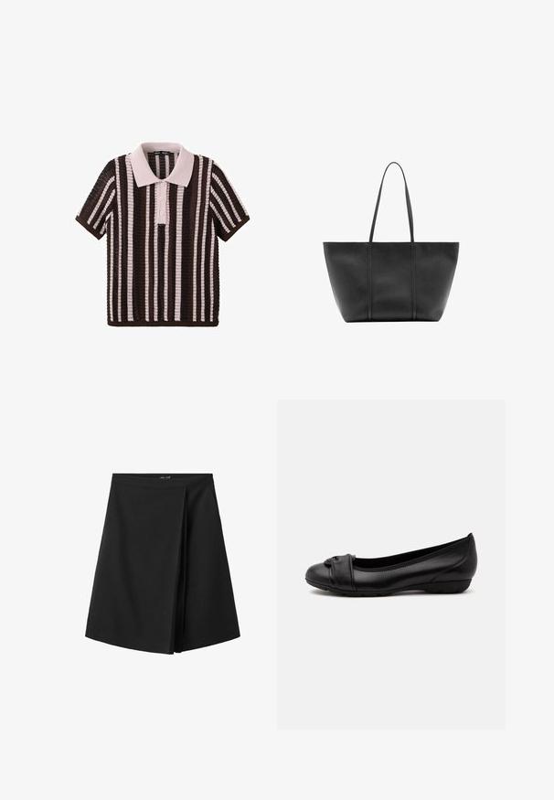 Polo en maille à manches courtes avec rayures verticales marron et rose clair et trois boutons sur le devant.; Jupe noire longueur genou avec une ceinture droite et un détail de pli superposé à l'avant, présentée sur fond blanc.; Chaussure plate noire pour femme avec un petit talon et une sangle décorative plissée sur la zone des orteils sur un fond clair.; Sac cabas en cuir noir avec de longues anses fines, une surface texturée et une ouverture large en haut.