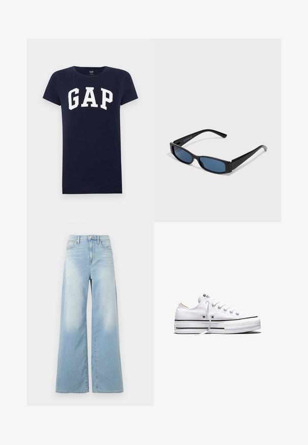 T-shirt bleu marine à manches courtes avec logo GAP blanc imprimé sur la poitrine, col rond et coupe régulière.; Jean large bleu clair à taille haute, avec boutons à l'avant et poches, présenté sur un fond blanc.; Baskets basses en toile blanche avec lacets blancs, bandes noires sur la semelle et embout en caoutchouc texturé, vue de côté sur fond blanc.; Lunettes de soleil noires avec une monture rectangulaire élégante et des verres bleus. Présente une texture lisse et des branches robustes. Logo de la marque sur le côté.