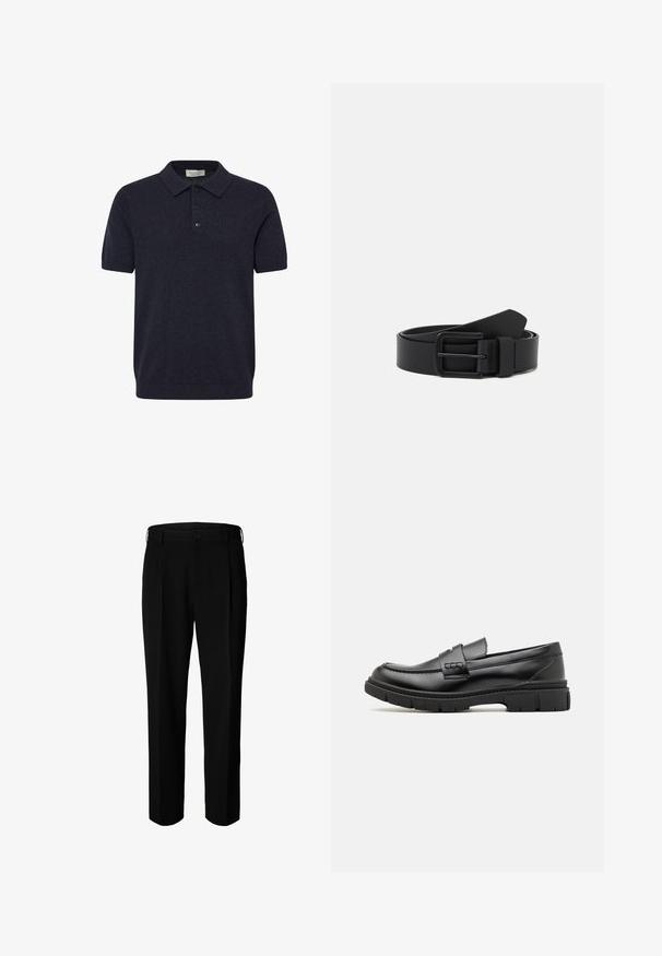 Polo à manches courtes bleu marine en tissu maille, doté d'un col classique, d'une patte de boutonnage à trois boutons et de poignets et ourlet côtelés.; Pantalon formel noir avec passants pour ceinture, bouton frontal et fermeture éclair, présenté sur fond blanc.; Mocassin en cuir noir avec une large sangle sur le devant, semelle en caoutchouc à épaisse rainure, et texture lisse. Design classique et élégant.; Ceinture en cuir noir avec une finition mate, boucle en métal rectangulaire et texture lisse. Présente un design épuré sans motifs visibles.
