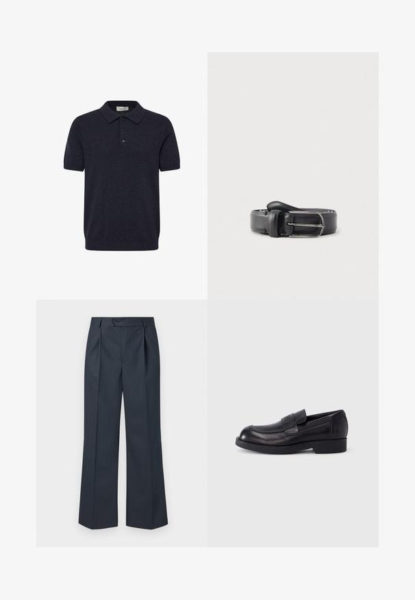 Polo à manches courtes bleu marine en tissu maille, doté d'un col classique, d'une patte de boutonnage à trois boutons et de poignets et ourlet côtelés.; Pantalons larges rayés marine avec plis avant, fermeture à bouton unique et tissu lisse. Présente des fines rayures verticales vertes pour le détail.; Mocassin en cuir noir avec petit talon et bride sur le dessus, logo embossé sur la bride, présenté de profil sur fond blanc.; Ceinture en cuir noir à texture lisse, avec une boucle et un passant en métal argenté, conçue dans une forme classique et étroite.