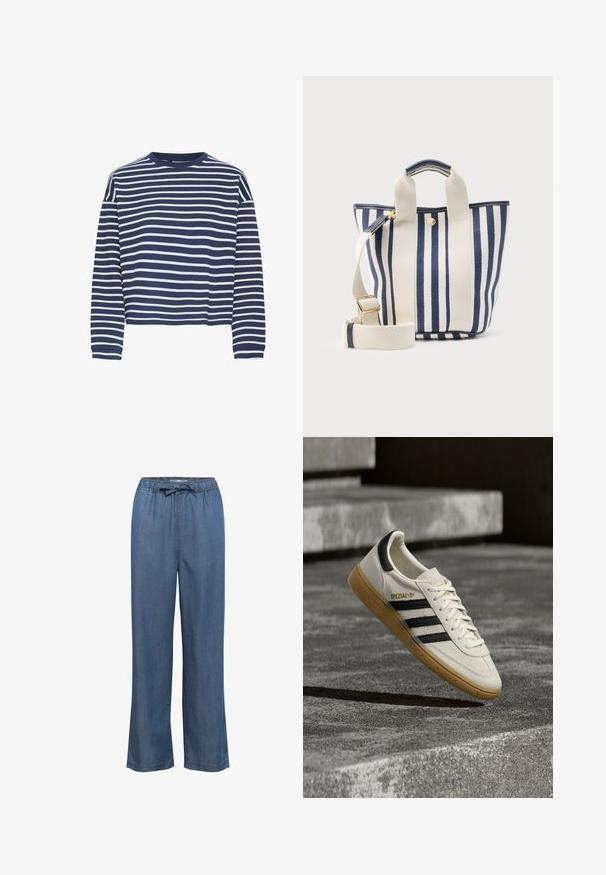 Haut à manches longues bleu marine avec des rayures horizontales blanches, encolure ronde et ourlet court. Le tissu semble doux avec une finition texturée.; Pantalon en denim à jambes larges dans une teinte bleu moyen, doté d'une taille élastique avec un cordon de serrage réglable et d'une coupe droite pour un ajustement décontracté.; Baskets Adidas Spezial blanches avec des rayures noires et une semelle en gomme flottant au-dessus de marches en pierre grises à l'extérieur.; Sac fourre-tout en toile à rayures verticales bleu marine et blanches, avec deux poignées courtes et une bandoulière réglable.