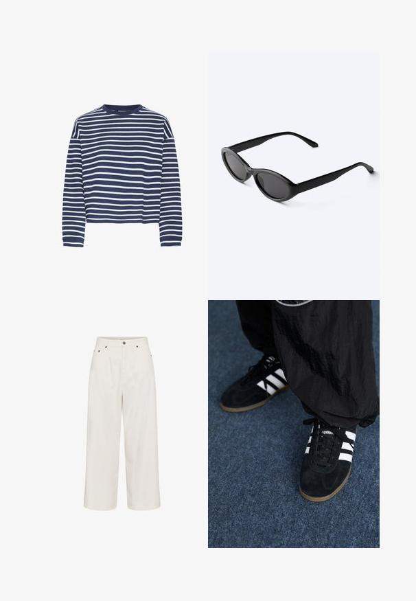 Marineblå langærmet top med hvide vandrette striber, rund halsudskærkning og cropped kant. Stoffet ser blødt ud med en tekstureret finish.; Højttaljede, cremefarvede bukser med vide ben, forrest med knap- og lynlåslukning, bæltestropper samt sidelommer og baglommer.; Sorte suedetrainingssko med tre hvide striber og sorte snørebånd. Et tekstureret sort bukser er delvist synligt ved siden af skoene.; Slanke sorte ovale solbriller med mørke linser og lige arme, hvilende på en hvid overflade.