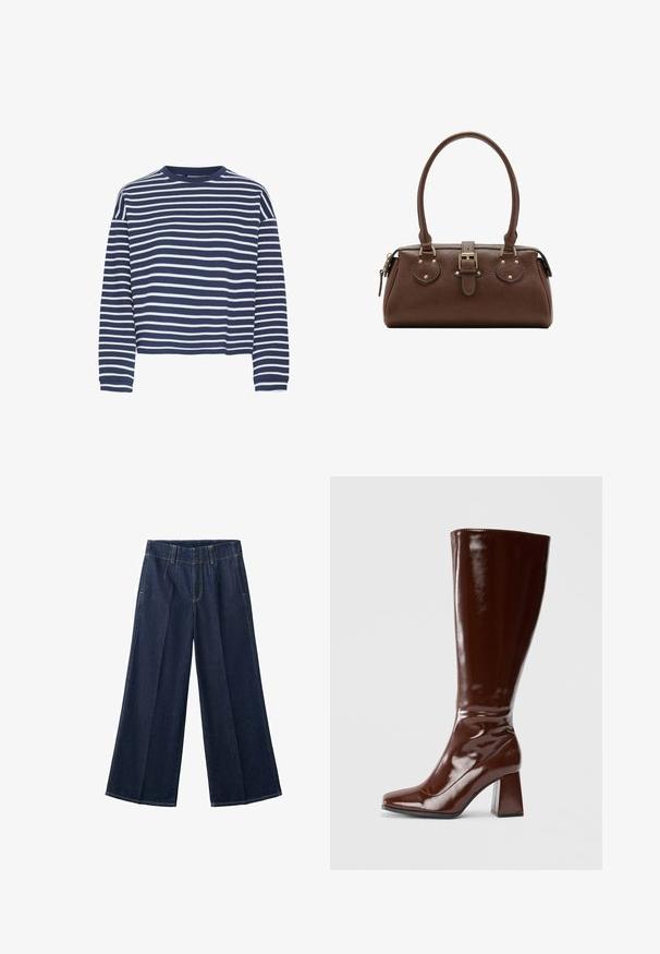 Marineblå langærmet top med hvide vandrette striber, rund halsudskærkning og cropped kant. Stoffet ser blødt ud med en tekstureret finish.; Mørkeblå vidde-ben denimjeans med forreste plisseringer, bæltestropper og synlige sømme.; Knæhøje brune patentlæderstøvler med firkantet tå, glansfuld finish og en kraftig hæl for stabilitet. Sømløs design uden synligt hardware.; Brun læderhåndtaske med to håndtag, en central spænde-strop og guldfarvede beslag, vist mod en hvid baggrund.