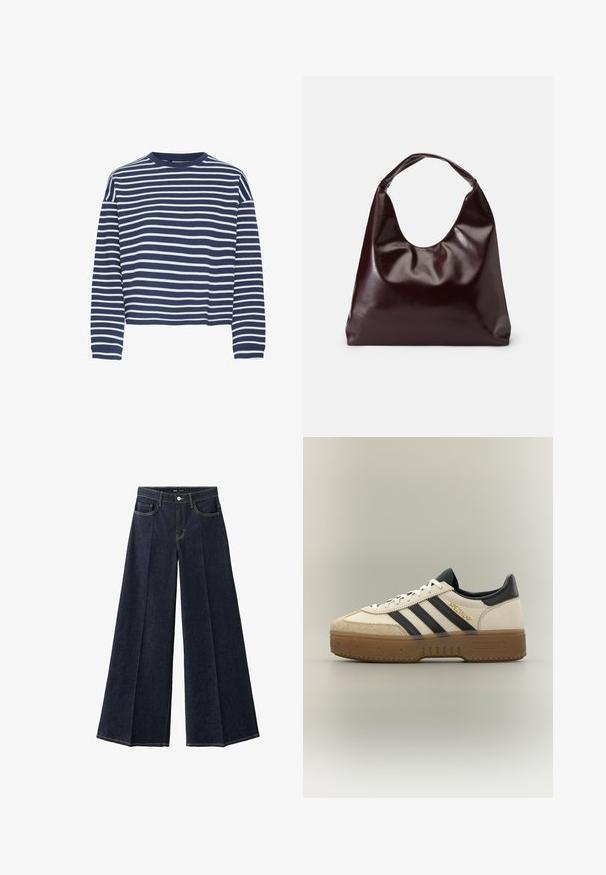 Top de manga larga azul marino con rayas horizontales blancas, cuello redondo y dobladillo corto. El tejido parece suave con un acabado texturizado.; Vaqueros anchos de pierna ancha en azul oscuro con pliegues delanteros, cinco bolsillos y cierre de botón en la cintura.; Zapatilla blanca Adidas con rayas negras, puntera de ante beige, suela marrón y "SPEZIAL" en letras doradas en el lateral.; Bolso tote vegan de cuero brillante en burdeos, con una forma suave y escultórica y un asa ancha y curvada para facilitar el transporte.
