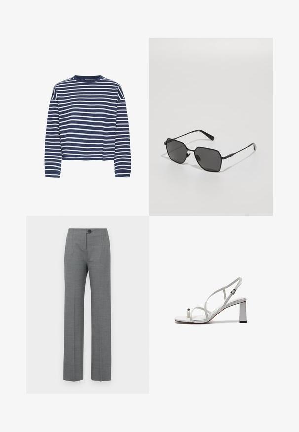 Top de manga larga azul marino con rayas horizontales blancas, cuello redondo y dobladillo corto. El tejido parece suave con un acabado texturizado.; Pantalones grises de corte recto, con cierre de botón, bolsillos laterales y una tela lisa y texturizada.; Sandalia blanca con tiras, que presenta una cinta plana en los dedos, un tacón cuadrado y una correa ajustable en el tobillo con una hebilla metálica.; QUAY AUSTRALIA WORLD TOUR - Gafas de sol - black