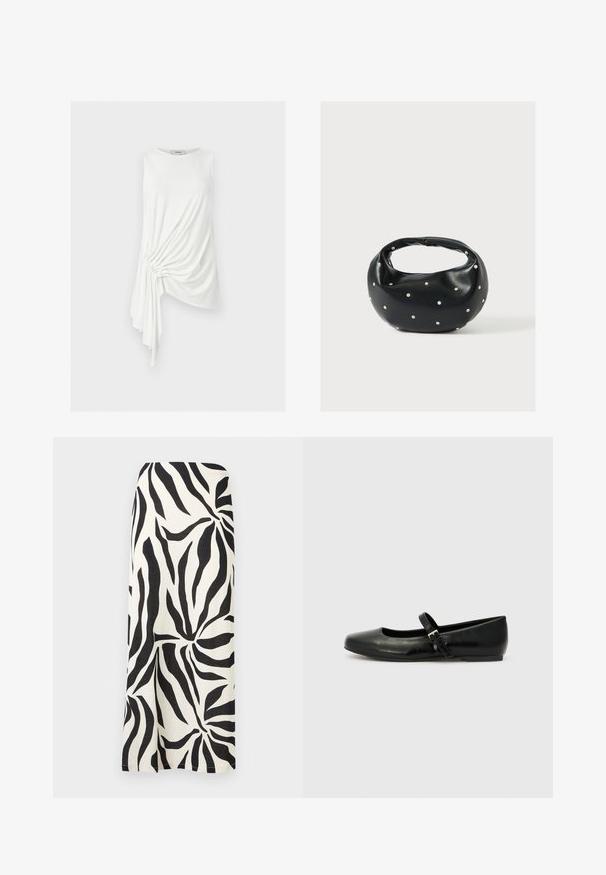 Haut blanc sans manches avec ourlet asymétrique et détail drapé froncé sur un côté, en tissu léger.; Jupe midi droite abstraite à rayures zèbre en noir et blanc avec une fente subtile à l'avant, présentée à plat sur un fond blanc.; Ballerines en cuir noir avec un bout arrondi, une semelle plate et une fine sangle ajustable sur le cou-de-pied avec une boucle en métal.; Sac à main en cuir noir de forme arrondie, décoré de clous argentés et équipé d'une poignée courte. Texture lisse et fermeture éclair.