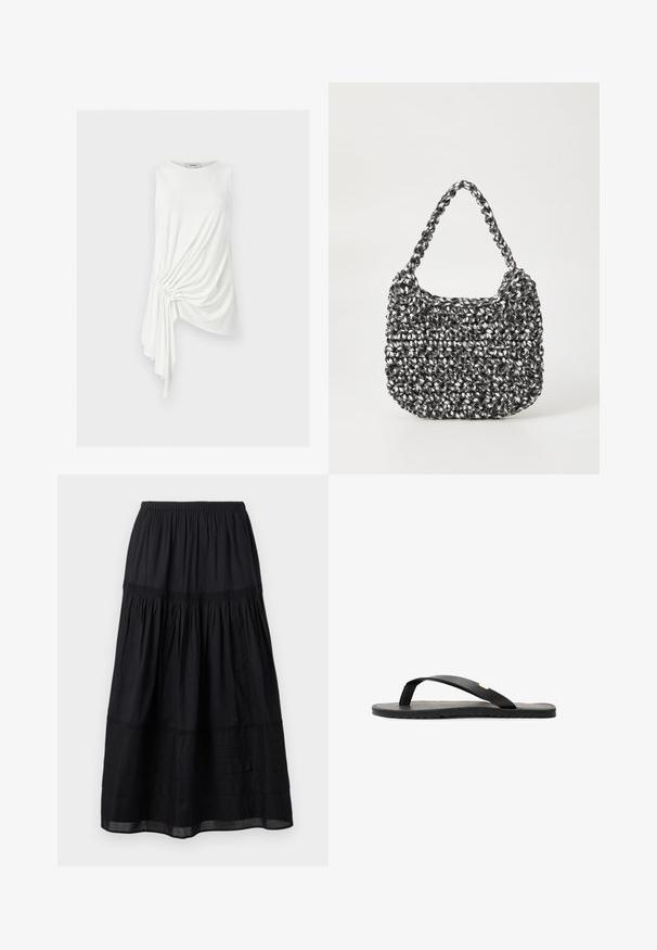 Haut blanc sans manches avec ourlet asymétrique et détail drapé froncé sur un côté, en tissu léger.; Jupe noire longueur cheville avec taille élastique, volants froncés et détails de couture subtils sur un tissu léger.; Tongs noires avec une semelle plate, une semelle intérieure texturée noire, des sangles lisses et un petit accent doré près du séparateur de orteils.; Sac en osier noir et blanc de forme arrondie, avec une surface texturée et une poignée tressée. Convient à un usage décontracté.