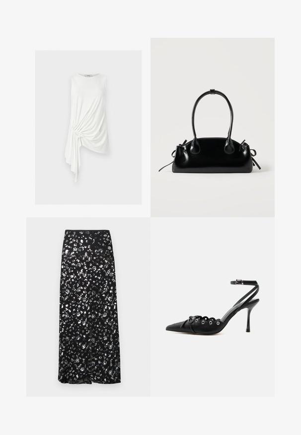 Haut blanc sans manches avec ourlet asymétrique et détail drapé froncé sur un côté, en tissu léger.; Jupe noire avec motif en sequins argentés. Elle présente une coupe droite et une fente à l'avant, créant une texture brillante.; Chaussure à talon haut noire à bout pointu, bords festonnés, œillets métalliques, lacets à l'avant et bride de cheville avec fermeture à boucle.; Petit sac à main noir brillant avec deux longues anses et des détails à cordon sur les côtés sur un fond clair uni.