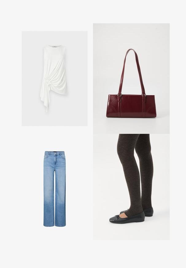 Haut blanc sans manches avec ourlet asymétrique et détail drapé froncé sur un côté, en tissu léger.; Jean large taille haute bleu clair avec boutons et fermeture éclair à l'avant, passants pour ceinture, et détails délavés sur les cuisses et les genoux.; Jambes portant des leggings côtelés foncés associés à des ballerines noires avec de petits détails en nœud sur fond blanc.; Sac à main bordeaux en matériau brillant, de forme rectangulaire, avec deux anses et des accents légèrement courbés à l'avant.