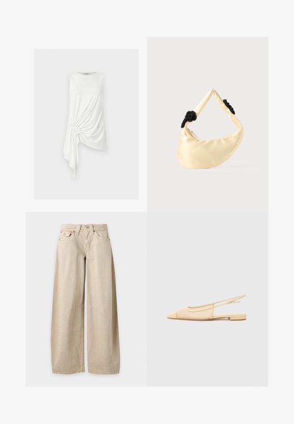 Haut blanc sans manches avec ourlet asymétrique et détail drapé froncé sur un côté, en tissu léger.; Jean beige à jambes larges avec cinq poches et coutures visibles aux genoux, présenté à plat sur un fond uni gris clair.; Chaussure plate slingback en beige clair avec une tige en maille, un bout pointu et un petit talon. Dotée d'une sangle ajustable pour un bon maintien.; Sac épaule en satin couleur crème avec deux nœuds tressés noirs sur la sangle et une fermeture éclair visible.