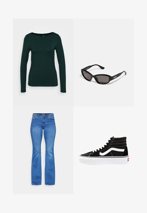 Langemouwige top in donker groen, gemaakt van zachte stof. Heeft een ronde halslijn en een getailleerd ontwerp met naadloze randen. Minimalistische stijl.; ONLY ONLREESE RETRO - Flared Jeans - light medium blue denim; Zwarte high-top sneakers met witte veters, een wit logo en contrasterende witte stiksels. Heeft een dikke witte zool en een bovenwerk van gestructureerd suede.; Zwarte zonnebril met een rechthoekig frame, donkere lenzen, gladde plastic materiaal en een metalen accent op de poot.