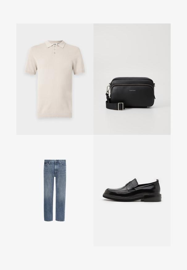 Polo à manches courtes, couleur beige clair, avec un tissu texturé, une patte de boutonnage à trois boutons, et un col et un ourlet côtelés assortis.; Jean en denim bleu à jambes droites, avec poches avant, passants de ceinture et fermeture par bouton.; Calvin Klein MOCCASIN - Mocassins de ville - black; Sac en cuir noir à bandoulière avec deux compartiments zippés, finition texturée, sangle ajustable et accents en métal argenté. Logo Calvin Klein affiché.