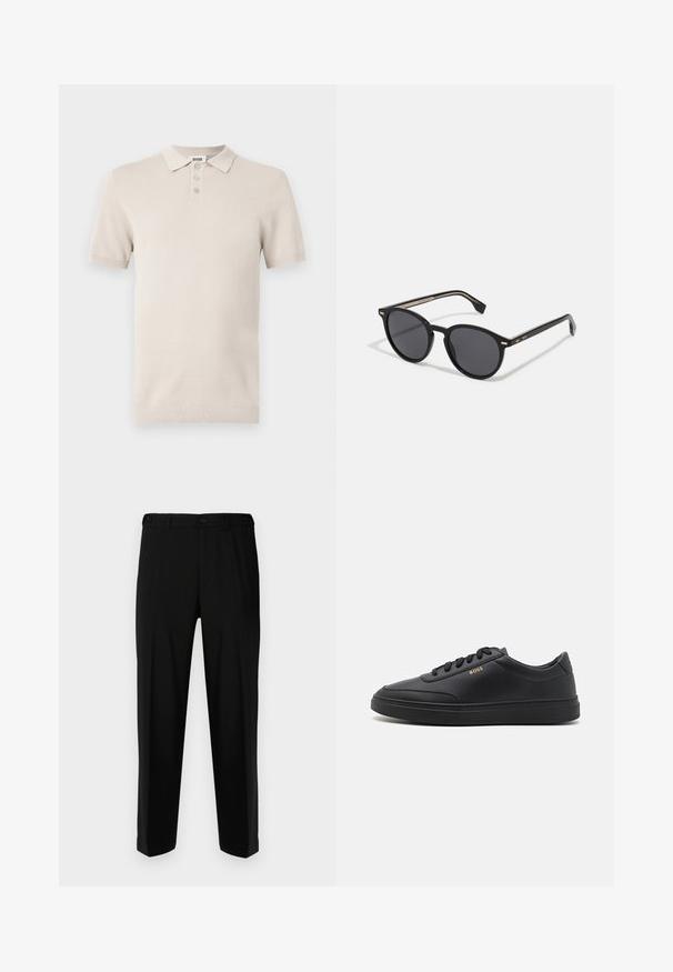 Polo à manches courtes, couleur beige clair, avec un tissu texturé, une patte de boutonnage à trois boutons, et un col et un ourlet côtelés assortis.; Pantalon noir en tissu lisse, présentant une coupe droite, deux poches avant et une fermeture à glissière avec bouton.; Baskets en cuir noir avec une texture lisse, bout rond, semelle en caoutchouc plate et lacets ton sur ton. Présente une marque "BOSS" dorée sur le côté.; BOSS Lunettes de soleil - black