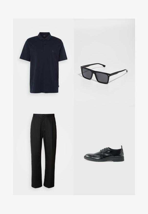 Polo shirt bleu marine en tissu coton, présentant un col classique, une patte de boutonnage à deux boutons, des manches courtes et un logo brodé subtil sur la poitrine.; Pantalon noir à coupe droite, en tissu léger. Il dispose d'une fermeture à bouton sur le devant et de deux poches latérales ; texture lisse.; Chaussure habillée en cuir noir brillant avec un petit talon, fermeture à lacets et bout rond, vue de côté sur un fond uni et clair.; Lunettes de soleil carrées noires avec des verres foncés. Fabriquées en plastique, avec des côtés texturés et un design minimaliste. Détails près des charnières.