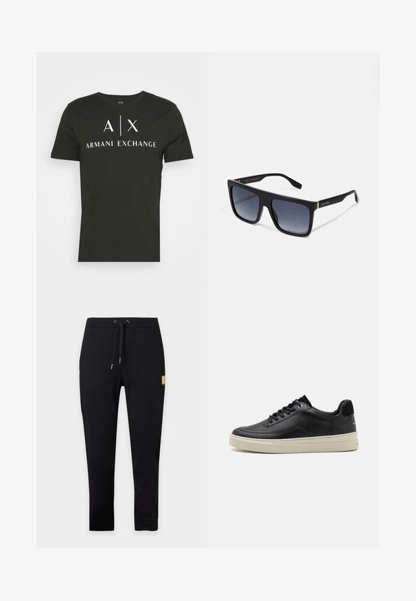 Čierne tričko s okrúhlym výstrihom vyrobené z bavlny, s bielym logom "A|X ARMANI EXCHANGE". Krátke rukávy a voľný strih.; Čierne zúžené teplákové nohavice s nastaviteľným pásom a malou béžovou obdĺžnikovou náplasťou na hornej ľavej stehne.; Čierne kožené tenisky s nízkym profilom, s krémovou gumovou podrážkou, okrúhlou špičkou a šnurovacím dizajnom, doplnené čiernym semišovým opätkom.; MARC JACOBS Slnečné okuliare - black