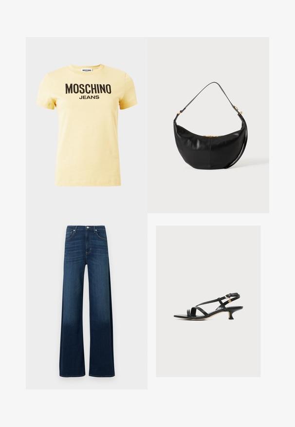 T-shirt à manches courtes jaune clair avec le texte logo "MOSCHINO JEANS" en noir centré sur le devant, sur un fond uni.; Jean à jambes larges en denim bleu foncé. Caractéristiques : taille haute, cinq poches, légères décolorations et surpiqûres décoratives le long des coutures.; Sandale noire en cuir pour femme avec fines brides croisées, petit talon kitten et petite boucle dorée sur la bride de cheville.; Sac à main en cuir noir en forme de croissant avec une bandoulière simple et un détail de fermeture éclair dorée sur fond uni.
