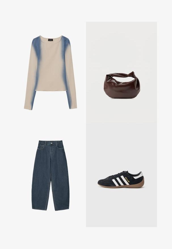 Langarmtop in lichtbeige, met een gradient blauw ontwerp. Glad textuur met een ronde halslijn en rechte zoom.; Donkerblauwe denim wijde broek met hoge taille, voorzien van vijf zakken en zichtbare stikseldetails. Schoon, minimaal ontwerp.; Zwarte suède sneaker met drie witte strepen, een rubberen gumzool en een klein gouden logo aan de zijkant. Heeft een gladde zwarte binnenvoering.; Donkerbruine leren schoudertas met een zachte, slungelige vorm en een gedraaide knoopvormige handgreep op een effen witte achtergrond.