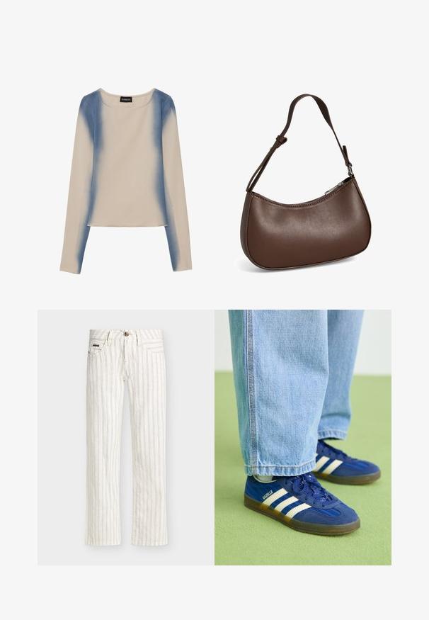 Haut à manches longues en beige clair, avec un design dégradé bleu. Texture lisse avec un col rond et une taille droite.; Pantalon blanc à jambes droites avec fines rayures verticales noires, conception à cinq poches et fermeture par bouton à la taille.; Baskets en daim bleu avec des rayures blanches et des motifs texturés, portées avec un pantalon en denim bleu clair, sur fond vert.; Petit sac bandoulière en cuir marron avec sangle réglable et fermeture éclair, présenté sur fond blanc. Aucun logo ou décoration visible.