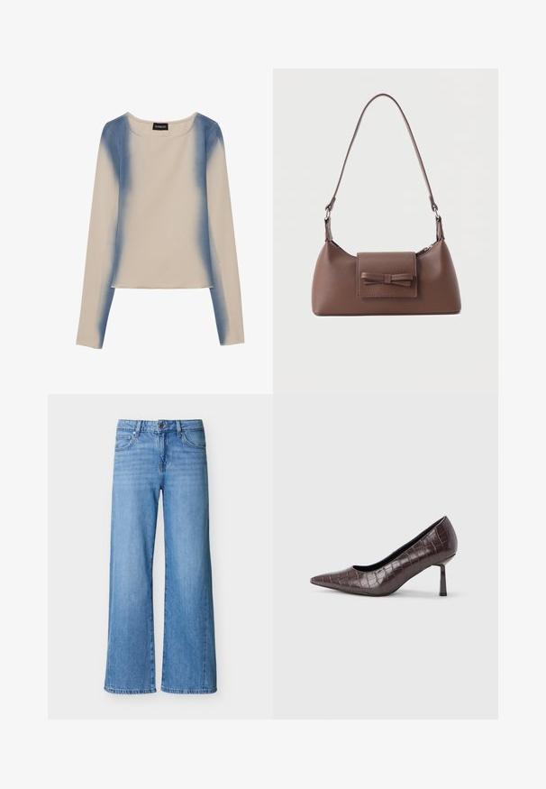 Langærmet top i lys beige med et gradient blå design. Glat tekstur med rund halsudskæring og lige kant.; Lyseblå denimjeans med vid ben, for- og lynlåslukning samt lommer foran og bagpå.; Brune kunstlæder stiletter med spidse tæer og krokodilletekstur, der har en slank, vinklet hæl og en glat inderside.; Brun skuldertaske i læder med en frontlomme med klap, der har en sydd sløjfedetalje, og en justerbar rem.