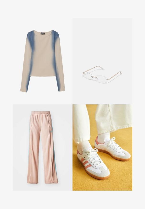 Camiseta de manga larga en color beige claro, con un diseño en degradado azul. Textura suave, con cuello redondo y línea de dobladillo recta.; Pantalones deportivos de color rosa claro con un ajuste relajado, que cuentan con rayas laterales azules y una cinturilla con cordón. Fabricados en una tela suave y ligera.; Zapatillas deportivas blancas con acentos en rosa, materiales de ante y cuero, punta redonda y suela de goma, mostradas con calcetines de color claro sobre un fondo amarillo.; Gafas de metal dorado con lentes ovalados, brazos delgados y almohadillas nasales transparentes. Presentan sutiles acentos en las bisagras y lentes transparentes.