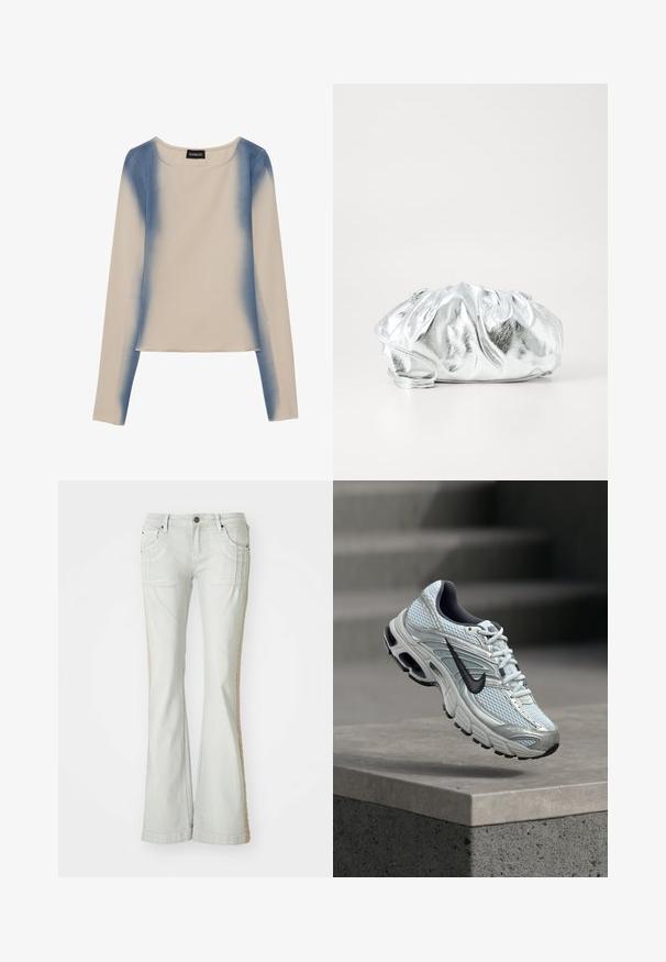 Haut à manches longues en beige clair, avec un design dégradé bleu. Texture lisse avec un col rond et une taille droite.; Jeans évasés en denim gris clair avec poches latérales, présentant une bande beige texturée le long de la couture extérieure, fermeture à bouton et passants de ceinture.; Baskets de course Nike blanches et grises avec logo noir flottant au-dessus d'un rebord en béton sur fond gris flou.; Pochette argent métallique avec un corps doux et froncé et une fine bandoulière. Présente une texture lisse et brillante ainsi qu'une forme arrondie.