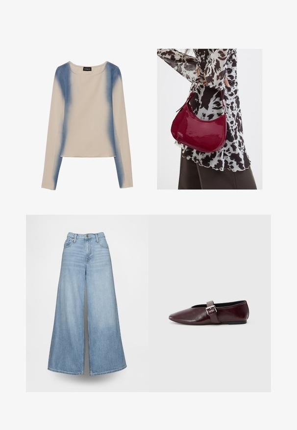 Langærmet top i lys beige med et gradient blå design. Glat tekstur med rund halsudskæring og lige kant.; Lyseblå vidde jeans lavet af denim med høj talje, forlommer og knaplukning. Stoffet har en falmet vask.; Bordeaux læder ballerina sko med spidse tæer, flad sål og en dekorativ spænde-strop over vristen. Glat, blank tekstur.; Kvinde iført en sort- og hvidmønstret bluse, der holder en blank rød skuldertaske mod en ensfarvet baggrund.
