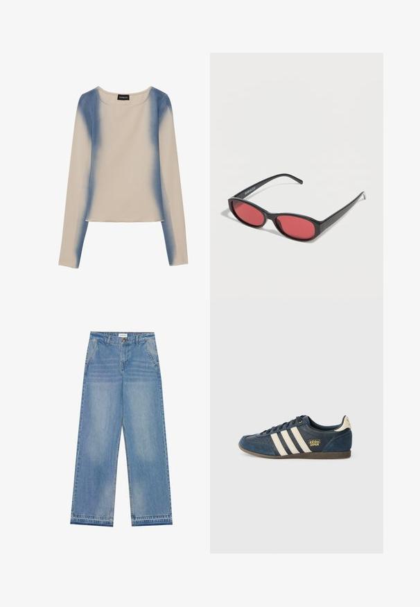 Camiseta de manga larga en color beige claro, con un diseño en degradado azul. Textura suave, con cuello redondo y línea de dobladillo recta.; Jeans de pierna ancha de cintura alta en azul claro con cierre de botón, bolsillos frontales, pasadores para cinturón y un sutil desgaste.; Zapatillas de ante azul marino con rayas crema, zona de punta texturizada, logo dorado "adidas JAPAN" y suela de goma marrón. Diseño clásico de corte bajo.; Gafas de sol ovaladas negras con varillas delgadas y lentes tintados de rojo descansando sobre una superficie blanca.
