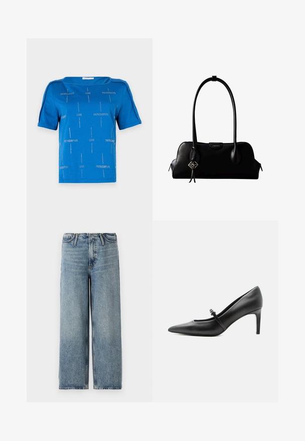 T-shirt en coton bleu avec des manches courtes, un col bateau et des motifs en texte argenté inscrivant "LOVE" et "PATRIZIAPPE" sur l'ensemble.; Jean large bleu clair en denim, avec une taille mi-haute, un design classique à cinq poches et un léger dégradé sur l'ensemble du tissu.; Escarpin noir en cuir à bout pointu avec une fine bride et une boucle sur le cou-de-pied, posé sur un fond clair neutre.; Sac à main en cuir noir Calvin Klein avec de longues anses, une étiquette logo à l'avant et un charme géométrique argenté suspendu à une anse.