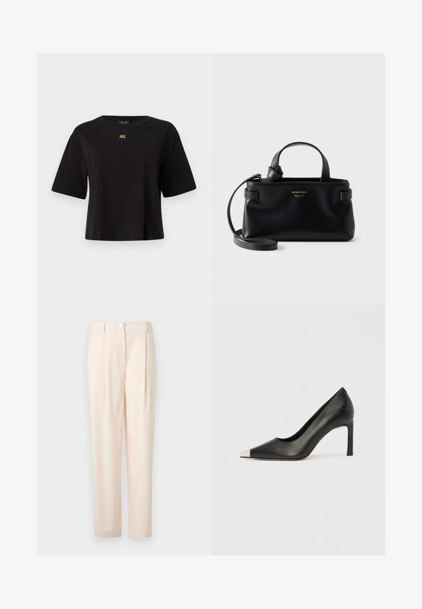 T-shirt noir à manches courtes en coton avec une coupe décontractée, arborant un logo doré "AX" centré sur la poitrine.; Un pantalon beige clair au design ajusté, comportant un fermoir à l'avant, un tissu lisse, une coupe droite et sans motifs ni accents visibles.; Chaussure à talon haut en cuir noir avec bout pointu et capuchon argenté métallique. Présente une finition lisse et un talon fin de 10 cm.; Sac à main en cuir noir Emporio Armani avec deux anses, bandoulière amovible et logo doré sur le devant.