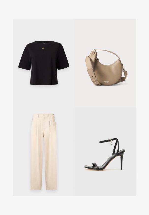 T-shirt noir à manches courtes en coton avec une coupe décontractée, arborant un logo doré "AX" centré sur la poitrine.; Pantalon beige plissé en tissu mélangé coton. Comprend une braguette zippée, une fermeture à bouton et des poches latérales, avec une coupe décontractée et des jambes droites.; Sandale à talon haut noire avec une bride étroite à la cheville, bout carré, cuir lisse et accent de boucle métallique.; Sac à main en cuir beige en forme de croissant avec une large bandoulière réglable et une petite poignée, embossé avec un texte de marque et de localisation argenté.