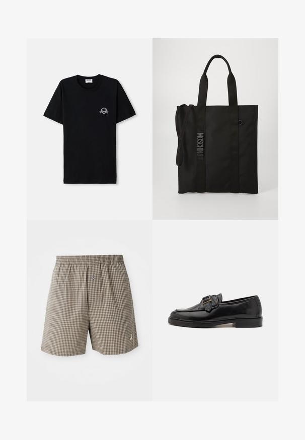 Camiseta de algodón negra con escote redondo. Presenta un pequeño diseño gráfico blanco en el pecho. Mangas cortas y dobladillo recto.; Pantalones cortos a cuadros marrones con una cinturilla elástica, bolsillos laterales y un pequeño detalle de logo cerca del dobladillo. Tejido ligero.; Mocasines de cuero negro con punta redonda y un acento decorativo de hebilla. Tacón plano y sólido, con una textura suave en todo el zapato.; Bolsa tote negra fabricada con material duradero, con asas cortas y una correa de hombro ajustable. Presenta un logo embossing a lo largo de la correa.