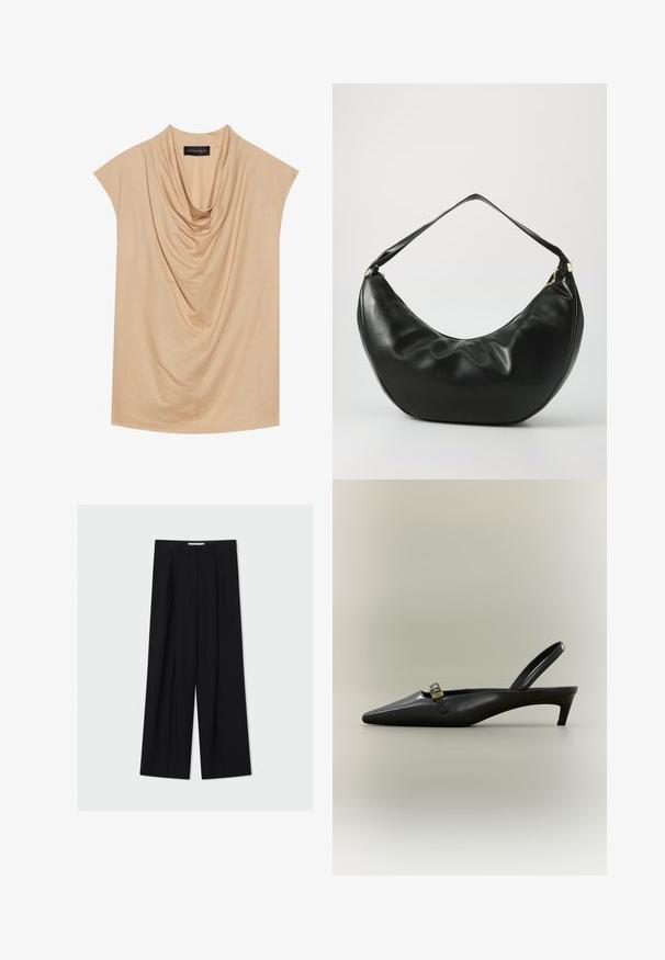 Haut beige drapé en tissu doux, avec des manches courtes et un col drapé. Texture lisse avec des plis subtils.; Pantalon noir taille haute à jambes larges avec passants de ceinture et plis devant, présenté sur un fond gris clair.; Escarpin slingback en cuir noir avec talon kitten, bout pointu et petite boucle dorée sur un fond uni.; Sac à épaule en cuir noir, de forme courbée, avec une texture douce et une seule sangle; il comporte une fermeture éclair dorée et un logo discret.
