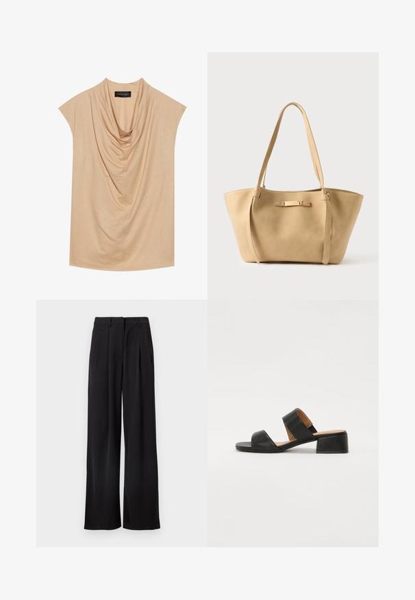 Beige drapierter Oberteil aus weichem Stoff, mit kurzen Ärmeln und einem Schalkragen. Glatte Textur mit subtilen Falten überall.; Schwarze, weit geschnittene Hose mit Falten, maßgeschneidertem Bund und Seitentaschen. Glatter Stoff mit klarer, unterbrechungsfreier Silhouette.; Schwarze Ledersandale mit zwei breiten Riemen über dem Fuß, einer quadratischen Zehenpartie und einem niedrigen Blockabsatz. Glatte Textur und minimalistisches Design.; Beige Leder-Shopper mit zwei langen Trägern, glatter Oberfläche und einem dezenten Metallakzent auf der Vorderseite. Offenes Oberteil, geräumiges Innenfach.