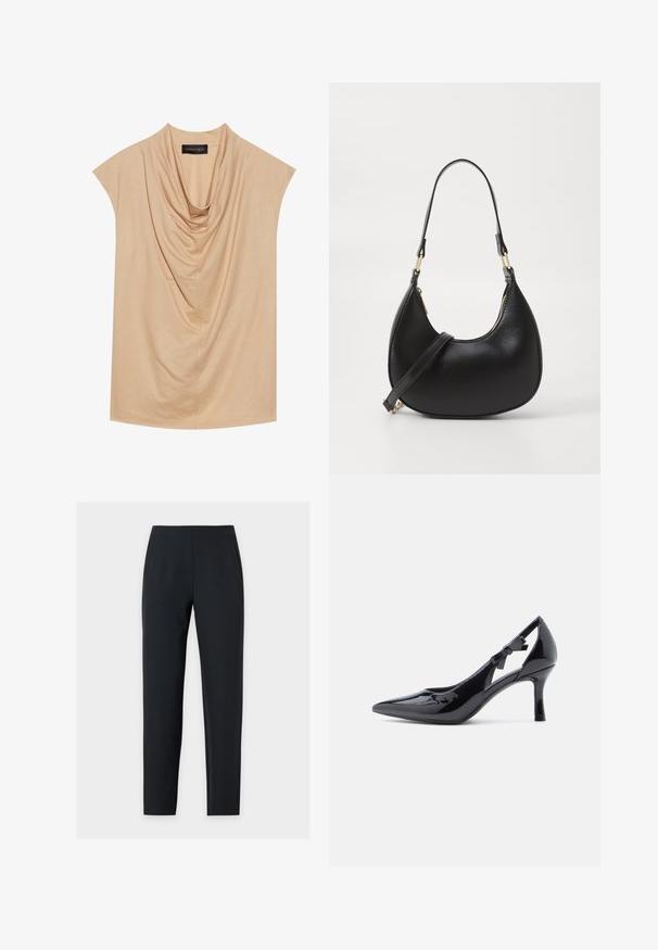 Beige drapierter Oberteil aus weichem Stoff, mit kurzen Ärmeln und einem Schalkragen. Glatte Textur mit subtilen Falten überall.; Schwarze, maßgeschneiderte Hose mit geradem Bein, mittelhohem Bund, vorderen Nähten und Seitentaschen, präsentiert auf einem schlichten, hellen Hintergrund.; Schwarzer Lackleder-Pumps mit hohem Absatz, spitzer Zehenpartie, Knöchelriemen mit Schleife verziert und schlankem Stiletto-Absatz.; Schwarze Lederhandtasche mit geschwungener Form, ausgestattet mit einem oberen Reißverschluss, einem kurzen Griff und einem abnehmbaren Schulterriemen. Goldene Hardware-Akzente.