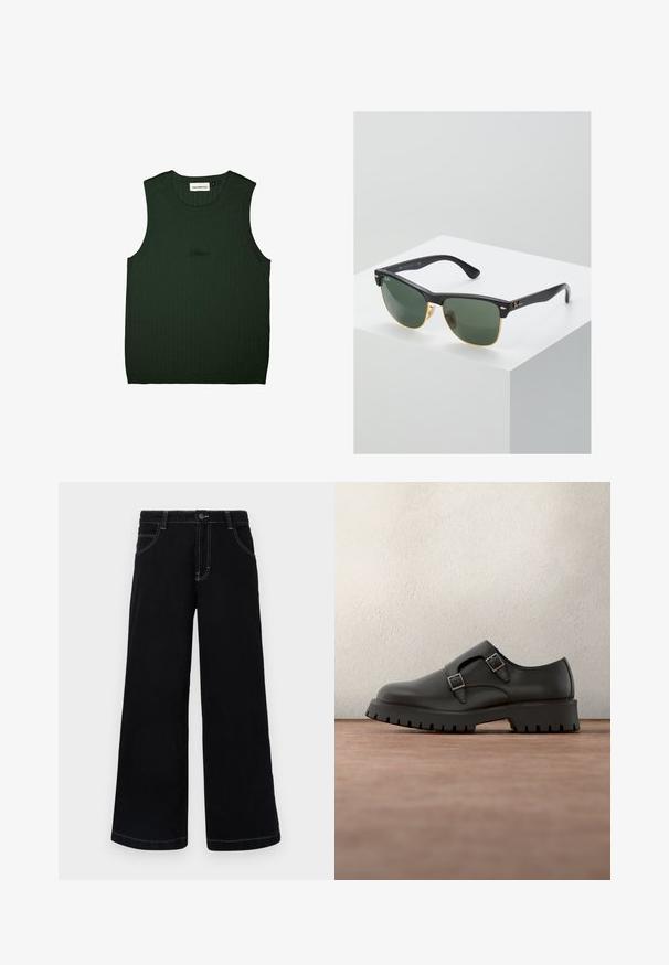 Groene geribde tanktop met een rond decolleté en zonder mouwen. Bevat subtiele branding in het zwart nabij het midden. Zachte textuur.; Zwarte wijde spijkerbroek met knoopsluiting, vijf zakken en contrasterende witte stiksels langs de naden.; Zwarte leren schoen met dubbele gespsluitingen, ronde neus en een stevige, gestructureerde rubberen zool. Minimalistisch ontwerp met een contrasterende blauwe binnenkant.; Ray-Ban zonnebrillen met groene lenzen, zwarte plastic monturen en gouden accenten aan de randen. Vierkante vorm met een matte afwerking.