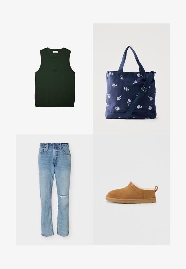Grünes geripptes Tanktop mit rundem Halsauschnitt und ohne Ärmel. Mit dezentem Branding in Schwarz in der Mitte. Weiche Textur.; Hellblaue Jeans mit geradem Bein und hoher Taille sowie einem zerrissenen Patch am rechten Knie, mit vorderen Taschen und Knopfverschluss.; Brauner Wildleder-Slipper mit weichem, weißem Fellfutter, rundem Zeh und Gummisohle mit kleinen Profilmustern.; Marineblaue Stofftragetasche mit weißer Blumenstickerei, zwei Griffen und verstellbarem Schultergurt vor einfarbigem Hintergrund.