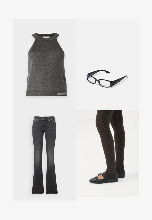 Grå ærmeløs top med høj hals, prydet med små sølvdetaljer spredt ud over og en ribbet kant med "Pepe Jeans" logo.; Mørkegrå denimjeans med en subtil lysning, mellemhøj talje, knaplukning og let flare ved kanten.; Ben iført mørke ribbede leggings kombineret med sorte balletsko med små sløjfedetaljer på hvid baggrund.; Sorte rektangulære briller med klare linser. Blank finish, smalle stænger, og lilla nuance synlig i kanterne af linsen.