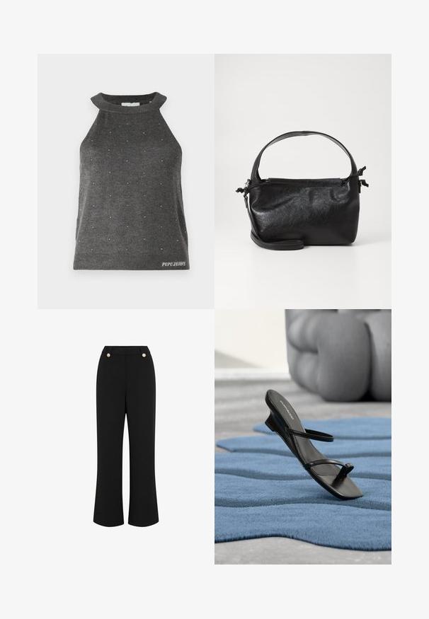 Grå ærmeløs top med høj hals, prydet med små sølvdetaljer spredt ud over og en ribbet kant med "Pepe Jeans" logo.; Sorte, vide ben bukser med en glat tekstur, featuring en høj talje, to guldfarvede knapper og et skræddersyet design. Ingen synlige lommer.; Sort sandal med remme og tå-loop vist på et blåt tekstureret tæppe, med en stor grå dekorativ genstand sløret i baggrunden.; Sort læderhåndtaske med et struktureret design, rund tophåndtag og aftagelig skulderrem. Den har en glat tekstur og en subtil glans.