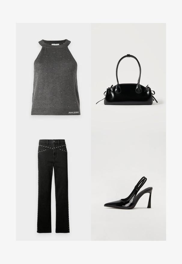 Grå ærmeløs top med høj hals, prydet med små sølvdetaljer spredt ud over og en ribbet kant med "Pepe Jeans" logo.; Sorte denim jeans med lige ben, prydet med sølvnitter langs taljen og siderne. Stoffet har en glat tekstur med en klassisk pasform.; Sorte patenterede lædersædler med spidse tæer, slank høj hæl og dobbelt elastisk rem for sikker pasform. Glat, skinnende overflade.; Lille sort blank håndtaske med to lange håndtag og snøre-detaljer i siden på en ensfarvet lys baggrund.