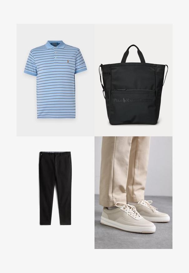 Hellblaues Baumwoll-Polohemd mit horizontalen Streifen in Marineblau und Weiß, einer Knopfleiste mit zwei Knöpfen und einem gestickten Logo auf der Brust.; Schwarze Chinos aus einem Baumwoll-Mischgewebe, mit einem geraden Bein-Design, vorderen Taschen und einem dezenten Logo-Detail am Bund.; Beige Sneaker mit strukturiertem Obermaterial, weißen Sohlen und gestickten Akzenten, kombiniert mit beigen Hosen, auf einer grauen Fläche präsentiert.; Schwarze Tragetasche mit kurzen Griffen, vorderer Reißverschlusstasche und geprägt Polo Ralph Lauren Logo.