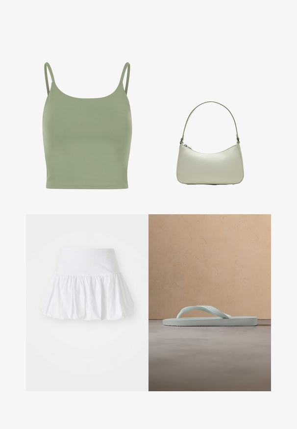 Débardeur ajusté vert olive avec des bretelles fines, texture lisse et décolleté arrondi, conçu pour le confort et les superpositions.; Jupe évasée blanche fabriquée en tissu léger, avec un design froncé et une taille élastique pour le confort. Pas de motifs ni d'accents visibles.; Tongue en caoutchouc beige clair unique avec semelle texturée et bride en forme de Y sur un fond gris uni.; Petit sac à main en cuir gris clair avec une seule bandoulière et une fermeture éclair en haut sur fond blanc.