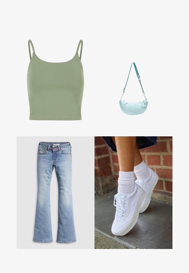 Débardeur ajusté vert olive avec des bretelles fines, texture lisse et décolleté arrondi, conçu pour le confort et les superpositions.; Jean évasé bleu clair en denim. Il présente une fermeture par bouton, cinq poches et une texture délavée avec des ourlets sans couture.; Baskets en toile blanches avec semelles en caoutchouc, dotées de six œillets, d'un bout rond et de détails de couture légers, portées avec des chaussettes blanches mi-mollet.; Sac à bandoulière bleu clair en forme de croissant avec une sangle réglable et une petite étiquette décorative sur le curseur de la fermeture éclair, isolé sur fond blanc.