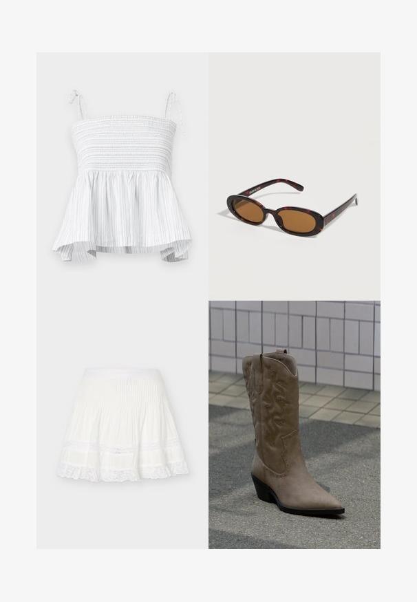 Witte strapless top met smock-borstvoeding en uitlopende zoom. Kenmerkt verticale lichtgrijze strepen en verstelbare strikbandjes voor een veilige pasvorm.; Witte geplooide minirok met kanten rand aan de zoom en twee horizontale kanten banden net boven de geplooide onderkant.; Lage beige suède cowboylaars met decoratieve stiksels en studs, voorzien van een puntige neus en een schuin lopende zwarte hak, staand op een betonnen ondergrond.; Ovale zonnebril met schildpadmotief, bruine getinte glazen en dunne pootjes, liggend op een wit oppervlak.