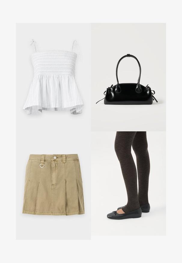 Witte strapless top met smock-borstvoeding en uitlopende zoom. Kenmerkt verticale lichtgrijze strepen en verstelbare strikbandjes voor een veilige pasvorm.; Lichte olijfgroene denimrok met vier plooiingen, een knopenkoord aan de voorkant en een metalen lusaccent op de tailleband.; Benen met donkere geribbelde leggings gecombineerd met zwarte ballerina's met kleine strikdetails op een witte achtergrond.; Kleine zwarte glanzende handtas met twee lange hengsels en zijkant trekkoord details op een effen lichte achtergrond.
