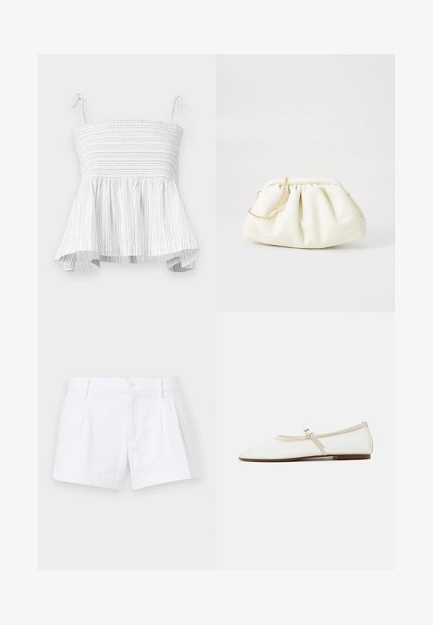 Witte strapless top met smock-borstvoeding en uitlopende zoom. Kenmerkt verticale lichtgrijze strepen en verstelbare strikbandjes voor een veilige pasvorm.; Witte linnen shorts met plooien, een knoopsluiting en zijzakken. Heeft een tailormade snit en een gladde textuur.; Witte Mary Jane platte schoen met puntige neus, dun verstelbaar bandje met zilveren gesp en bruine zool op een witte achtergrond.; Witte leren handtas met een geassembleerd ontwerp, voorzien van een gouden kettingband en een ronde vorm. Gladde textuur met zachte plooien en geen patronen.