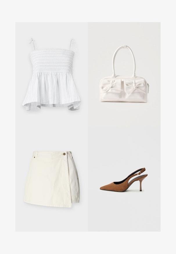 Top blanc sans bretelles avec un corsage smocké et un ourlet évasé. Présente des rayures verticales grises claires et des bretelles à nouer ajustables pour un ajustement sécurisé.; Mini-jupe en denim blanc avec devant style portefeuille, passants pour ceinture et fermeture à bouton métallique sur la taille.; Escarpins slingbacks en daim marron avec un bout pointu, un talon aiguille fin et une boucle en accent sur la bride. Finition texturée.; Sac à main synthétique blanc avec deux poches avant, chacune ornée d'un nœud noué. Texture lisse, anses arrondies et fermeture zippée.