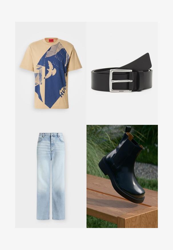 Camiseta de algodón beige con un patrón geométrico azul y un diseño de ave. Etiqueta roja con "HUGO" en el cuello. Mangas cortas, cuello redondo.; Vaqueros azul claro de talle alto y pierna recta con bolsillos delanteros, trabillas para cinturón y cierre de botón.; Botín chelsea de cuero negro con acabado suave, paneles laterales elásticos, punta redondeada y suela de goma gruesa, posicionado sobre una superficie de madera.; Cinturón de cuero negro con una hebilla rectangular de plata, presenta un branding sutil y una textura suave. Los extremos se estrechan para un acabado redondeado.